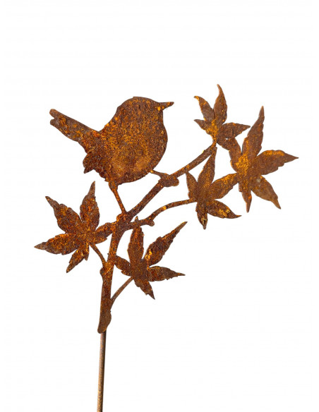 Herbstblätter Zaunkönig Vögelchen auf japanischem Ahorn Gartenstecker 
Höhe 15cm
Breite 21,7cm
Stab 30 cm
