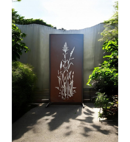 Metall Sichtschutzwand China 200 cm hoch - mittig angeschweißt mit Schilfgras Motiv 
Dieser 2 Meter hohe Sichtschutz mit