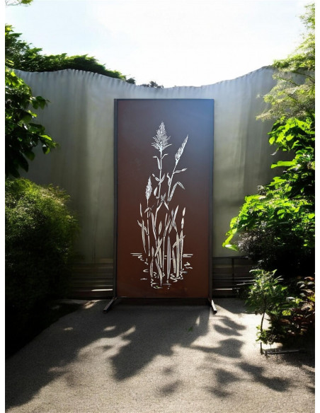 Metall Sichtschutzwand China 200 cm hoch - mittig angeschweißt mit Schilfgras Motiv 
Dieser 2 Meter hohe Sichtschutz mit