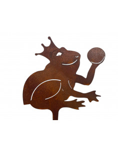 Gartenteich Edelrost Froschkönig Beetstecker - Höhe 23 cm 
Frosch 14 x 16 cm
Gesamtlänge inkl. Erdspieß 23 cm
