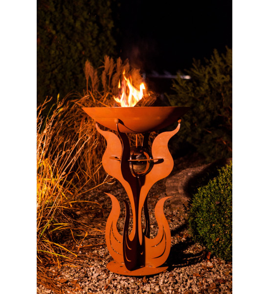 Pflanzsäulen - Säulen mit Pflanz-Schale Pflanzschale mit Ständer inkl. Edelstahlkugel  - 3 in 1 Feuerschale - Rostsäule und Blum