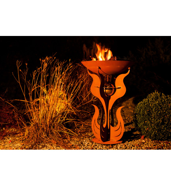 Pflanzsäulen - Säulen mit Pflanz-Schale Pflanzschale mit Ständer inkl. Edelstahlkugel  - 3 in 1 Feuerschale - Rostsäule und Blum