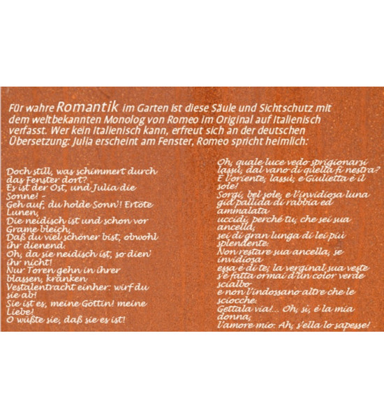 Rechteckige Säulen Rostsäule Romance mit Spruch Höhe 125 cm - Gartensäule 
Höhe: 125cm
Grundform: 29x29cm
mit Spruch : Oh, qu