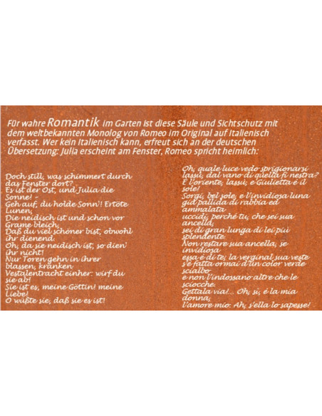 Rechteckige Säulen Rostsäule Romance mit Spruch Höhe 125 cm - Gartensäule 
Höhe: 125cm
Grundform: 29x29cm
mit Spruch : Oh, qu