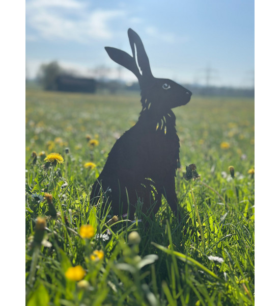 Hasen sitzender Feldhase XL mit Ausschnitten - 48 cm hoch - Edelrost Osterhase 
Höhe 48 cm
Breite 27 cm
mit einer Standplatte