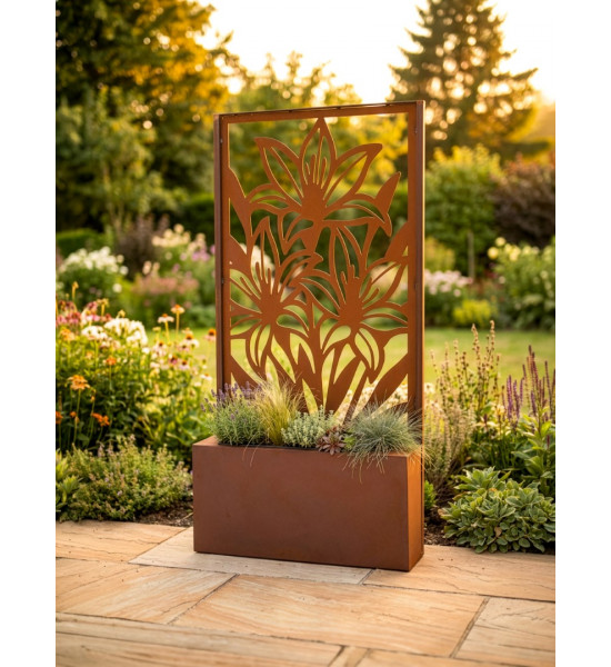 kreative Pflanzgefäße  Pflanztrog 100 cm breit - z.B. für Sichtschutzwände Dieser Pflanztrog mit einem Blumenkasten aus Metall e