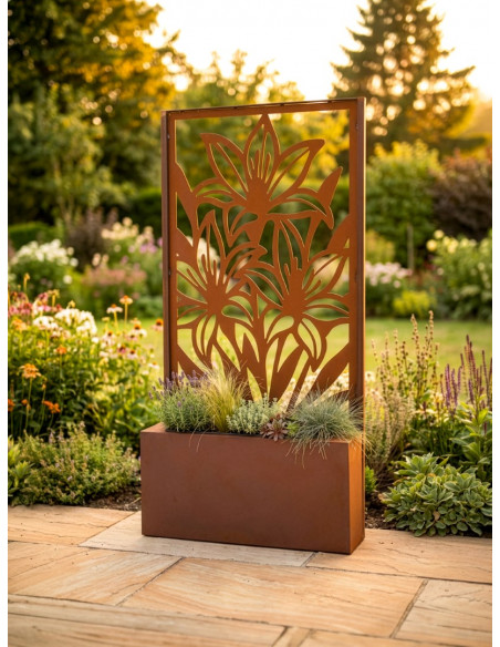 kreative Pflanzgefäße  Pflanztrog 100 cm breit - z.B. für Sichtschutzwände Dieser Pflanztrog mit einem Blumenkasten aus Metall e