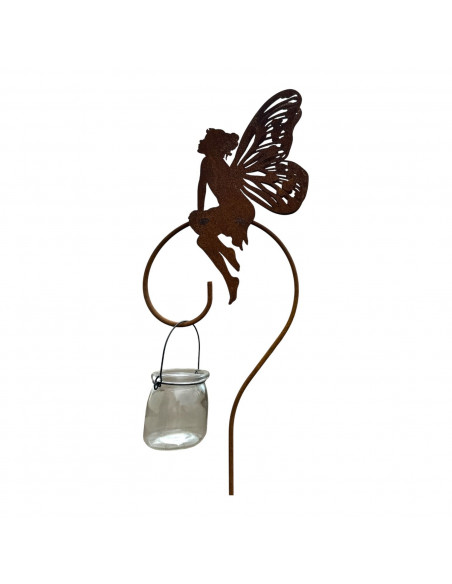 Gartenstecker Laternenstab mit sitzender Fee auf Curlstab 130 cm hoch 
Höhe Fee 27 cm
Gesamthöhe mit Stecker 130 cm
Curl Stab