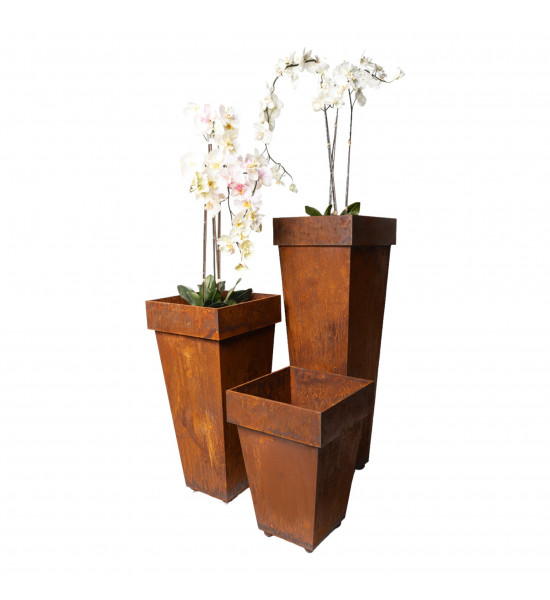 4-eckige Metallschalen konischer Pflanztopf mit Rand und Kugelfüßen 63 cm hoch 
Maße oben 42 x4 2, bzw. innen 40x40 cm
Unten 2