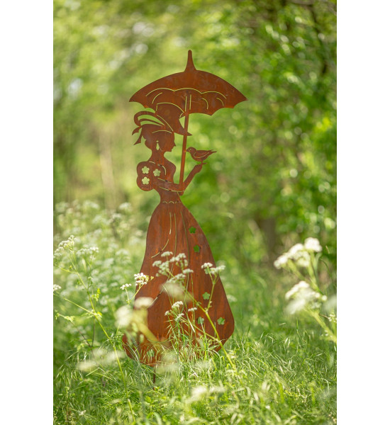 Menschen und Silhouetten Gartenstecker Dame mit Regenschirm 60 cm hoch 
Figur 60 cm hoch
Breite 22
zzgl Stecker 20 cm
Gesamt