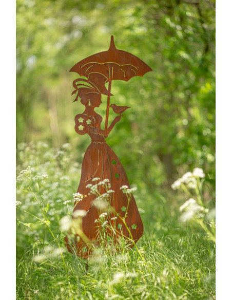 Menschen und Silhouetten Gartenstecker Dame mit Regenschirm 60 cm hoch 
Figur 60 cm hoch
Breite 22
zzgl Stecker 20 cm
Gesamt
