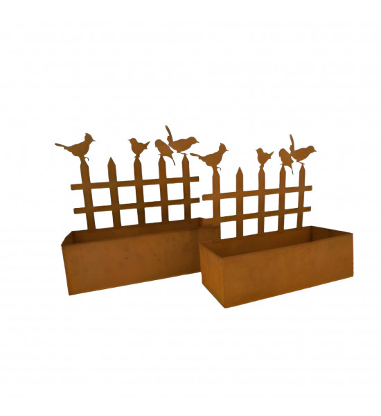Vogel Deko 2er Set Blumenkasten Vogelzaun 1 x 41 cm breit und 1 x 33 cm breit kleiner Blumenasten

Breite 33,5 cm
Tiefe 14 cm