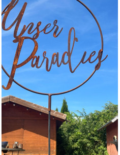Gartendeko Rost Schriftzug Unser Paradies im Ring mit Hülse Ø 40 cm 
Edelrost "Unser Paradies" im Ring mit Steckverbindung
Ø 4 2