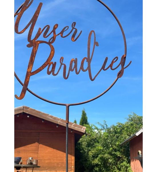 Gartendeko Rost Schriftzug Unser Paradies im Ring mit Hülse Ø 40 cm 
Edelrost "Unser Paradies" im Ring mit Steckverbindung
Ø 4