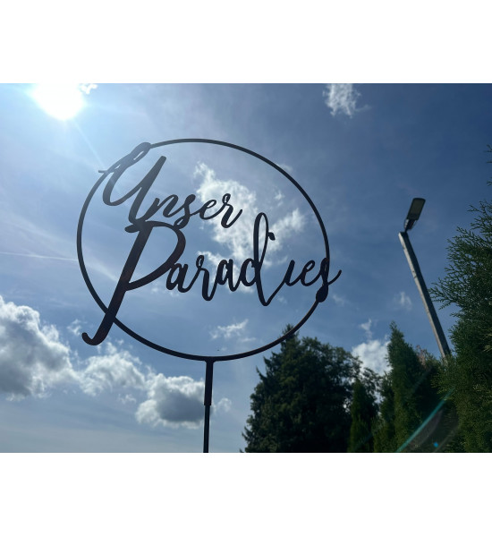 Gartendeko Rost Schriftzug Unser Paradies im Ring mit Hülse Ø 40 cm 
Edelrost "Unser Paradies" im Ring mit Steckverbindung
Ø 4