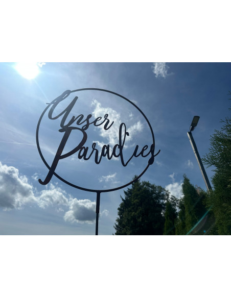 Gartendeko Rost Schriftzug Unser Paradies im Ring mit Hülse Ø 40 cm 
Edelrost "Unser Paradies" im Ring mit Steckverbindung
Ø 4
