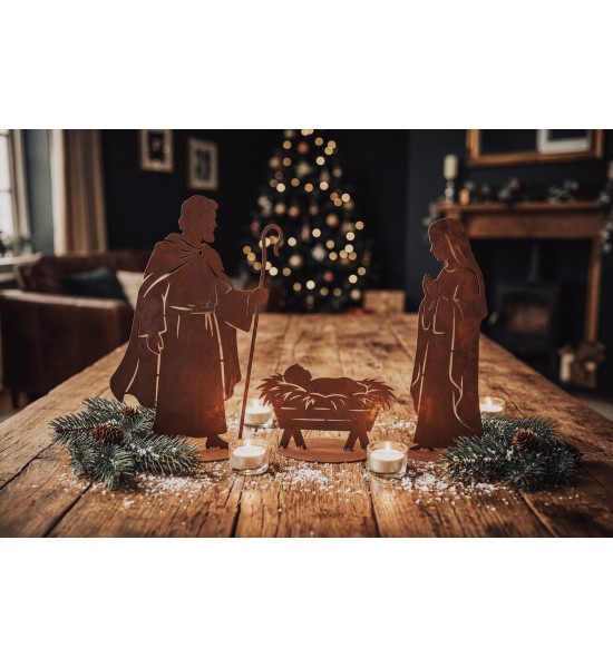 Krippenfiguren - Figurenhöhe 22 cm - Set Heilige Familie - 3er Set 24 cm hoch  - Krippenfigur Metall mit Edelrost Josef: H: 35 c