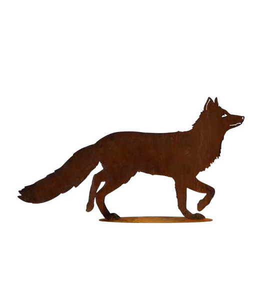 Fuchs und Wolf Neugieriger gehender Fuchs - auf Platte - Länge 100 cm 
Länge 100 cm
Höhe 54 cm

Edelrost-Fuchs im ruhigen Sc