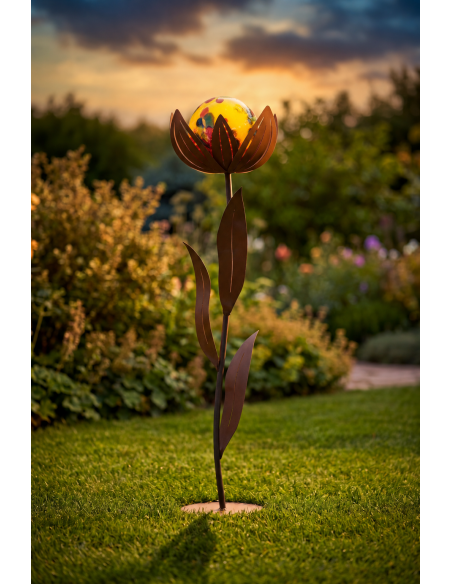 Glasblumen - gelbe Kugel Glasblume - Amelie - gelbe Kugel - Höhe 122 
Höhe: 122 cm
Ø: 30 cm
Glaskugel: Ø 20 cm
