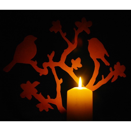 Kirschblütenzweig mit Vögeln, vorne an Platte geschweißt