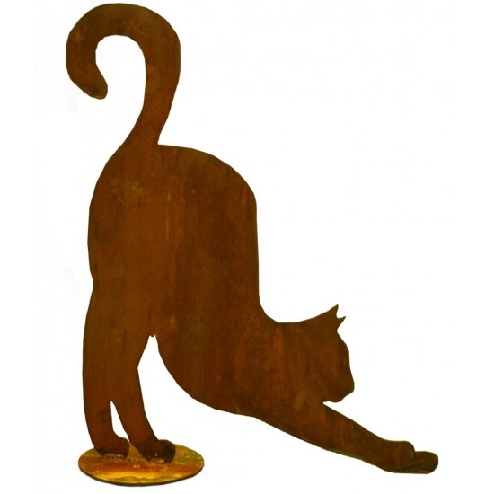 Rost Katze streckt sich - Edelrost Katze mit Bodenplatte zum Stellen 