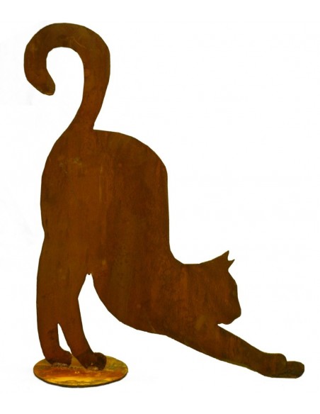 Rost Katze streckt sich - Edelrost Katze mit Bodenplatte zum Stellen 