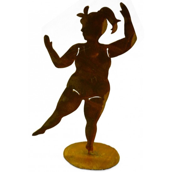 rostige Badenixe "Betty"tanzend auf Platte - Metallfigur Badende Frau