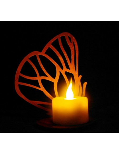 einzelner Edelrost Schmetterling vorne an Platte geschweißt für Teelicht einzelner Edelrost Schmetterling vorne an Platte geschweißt für Teelicht