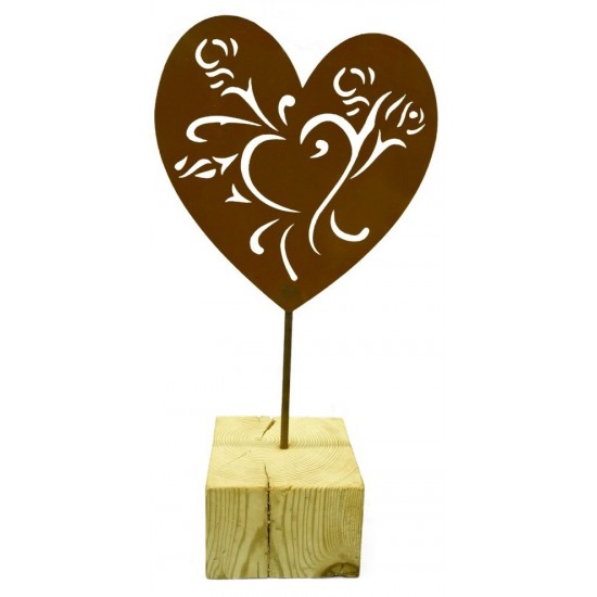 Edelrost Herz mit Holzbalken