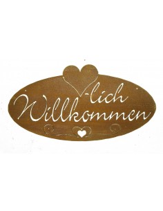 Edelrost Herzlich Willkommen Schild Oval mit Herz 55 cm breit