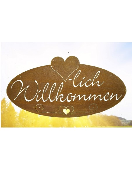Edelrost Herzlich Willkommen Schild Oval mit Herz 55 cm breit