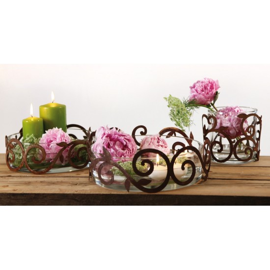 flacher Edelrost Ornamentring 30 cm für Vasen / Windlichter / Schalen