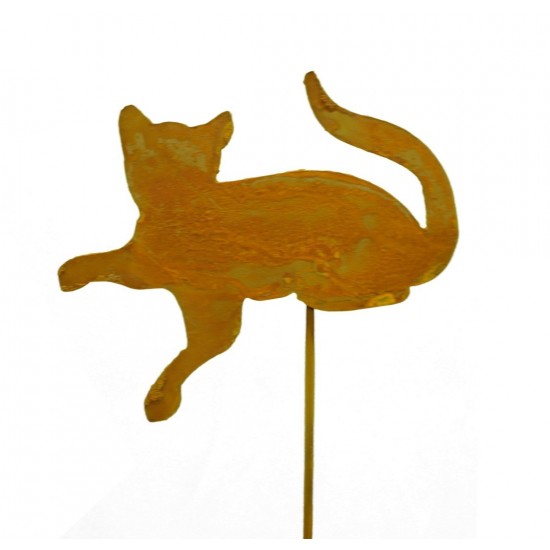 Rostige Katze liegend, Stecker aus Edelrost für den Garten 