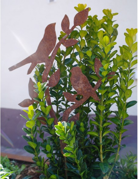 2 Rostiger Vogel auf Ast - Edeltrost Stecker mit kurzem Stab Gesamthöhe 50 cm