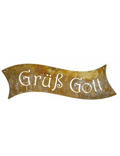 Deko zum Hängen Edelrost Schild - Grüß Gott - 40 cm breit Länge 40 cm
Höhe 15 cm
mit 2 Löchern zum Aufhängen
ideal für den ba 2