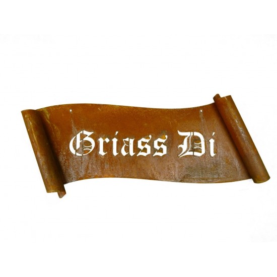 Griaß Di Schriftrolle aus Rost Metall