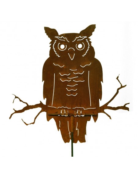 Rost Eule sitzend auf Ast - lebensgroß - mit Stab 100 cm Rost Eule sitzend auf Ast - lebensgroß - mit Stab 100 cm