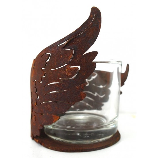 Edelrost Flügelchen halbrund gebogen auf Platte klein Ø 10 cm als Windlicht für Teelicht