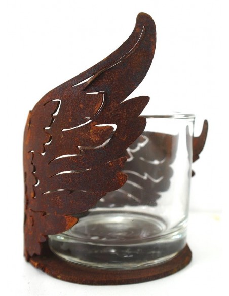 Edelrost Flügelchen halbrund gebogen auf Platte klein Ø 10 cm als Windlicht für Teelicht