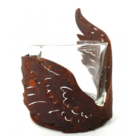 Edelrost Flügelchen halbrund gebogen auf Platte klein Ø 10 cm als Windlicht für Teelicht