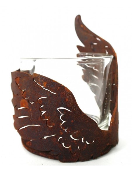 Edelrost Flügelchen halbrund gebogen auf Platte klein Ø 10 cm als Windlicht für Teelicht