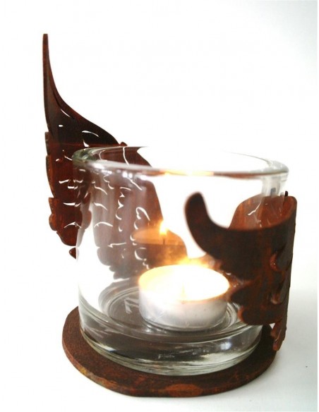 Edelrost Flügelchen halbrund gebogen auf Platte klein Ø 10 cm als Windlicht für Teelicht