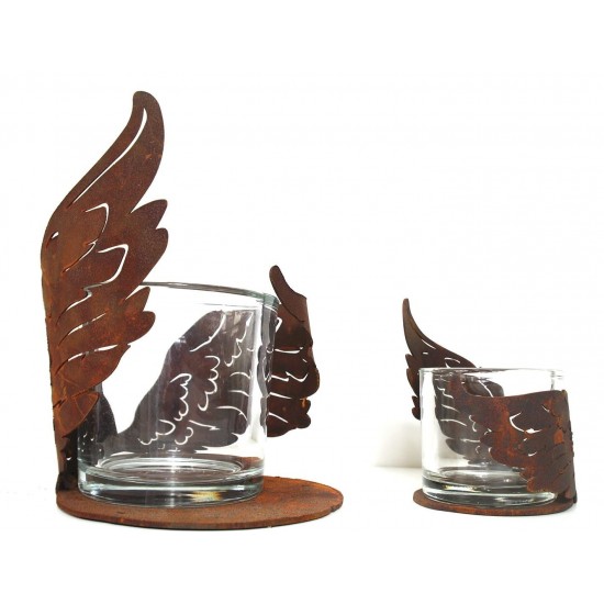 Edelrost Flügelchen halbrund gebogen auf Platte klein Ø 10 cm als Windlicht für Teelicht