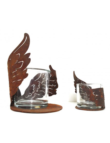 Edelrost Flügelchen halbrund gebogen auf Platte klein Ø 10 cm als Windlicht für Teelicht