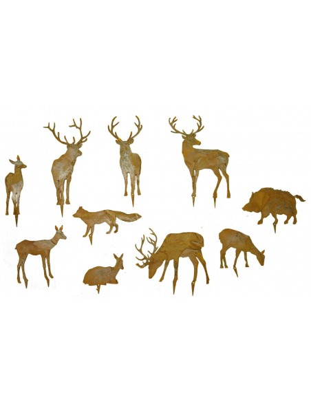 Edelrost WildStecker Set, 10 Tiere bis 16cm cm zum Einschlagen in Holz  Artikel WiStSet Hirsch und Rehe