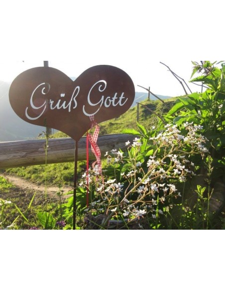 Grüß Gott Stecker - Edelrost Herz zum Stecken mit Schriftzug Grüß Gott