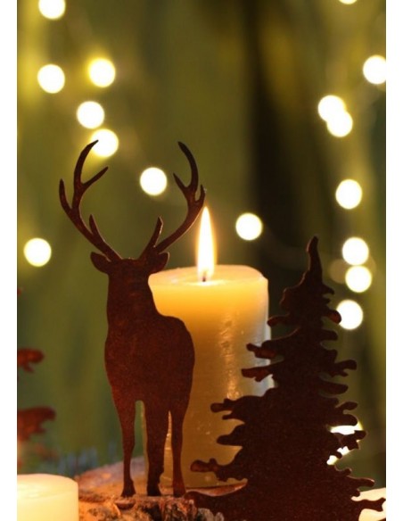 Edelrost Hirsch mit Baumspieß als Stecker mini 4 - frontal