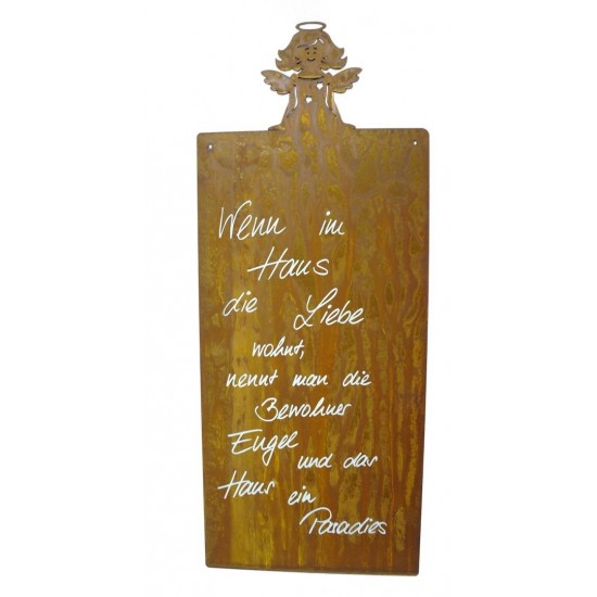 Wenn im Haus die Liebe wohnt Rostschild mit Engel Mirabel 50 x 25 cm