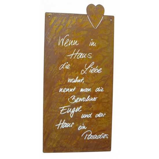 Wenn im Haus die Liebe wohnt Rostschild mit Herzmotiv 50 x 25 cm