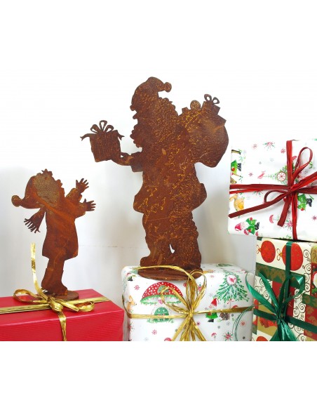 Weihnachtsmann Santa (30 cm) mit Junge (19cm) im Set auf Platte Dekofiguren aus Edelrost